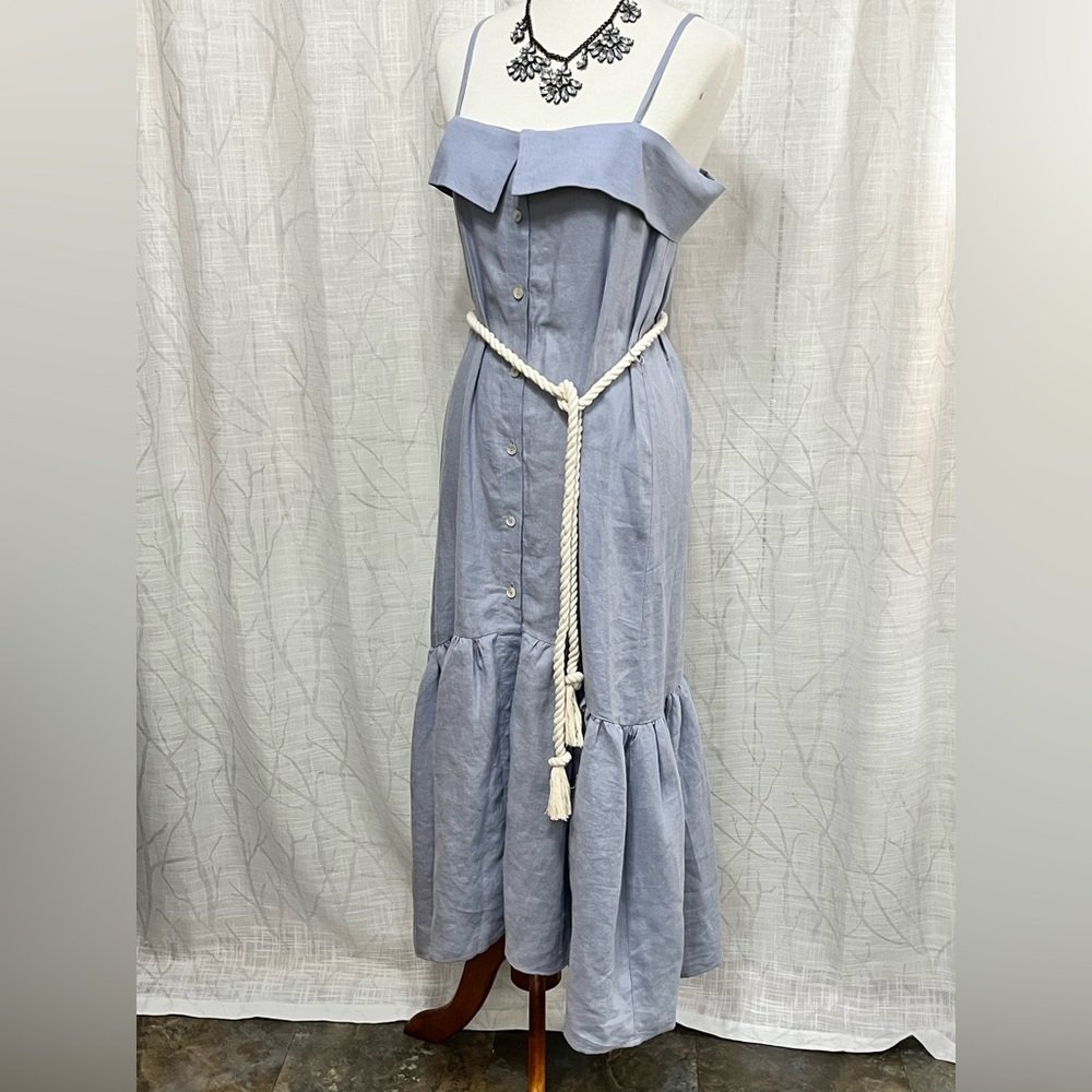 Hevron Belted 💯 Linen Midi Dress NWT